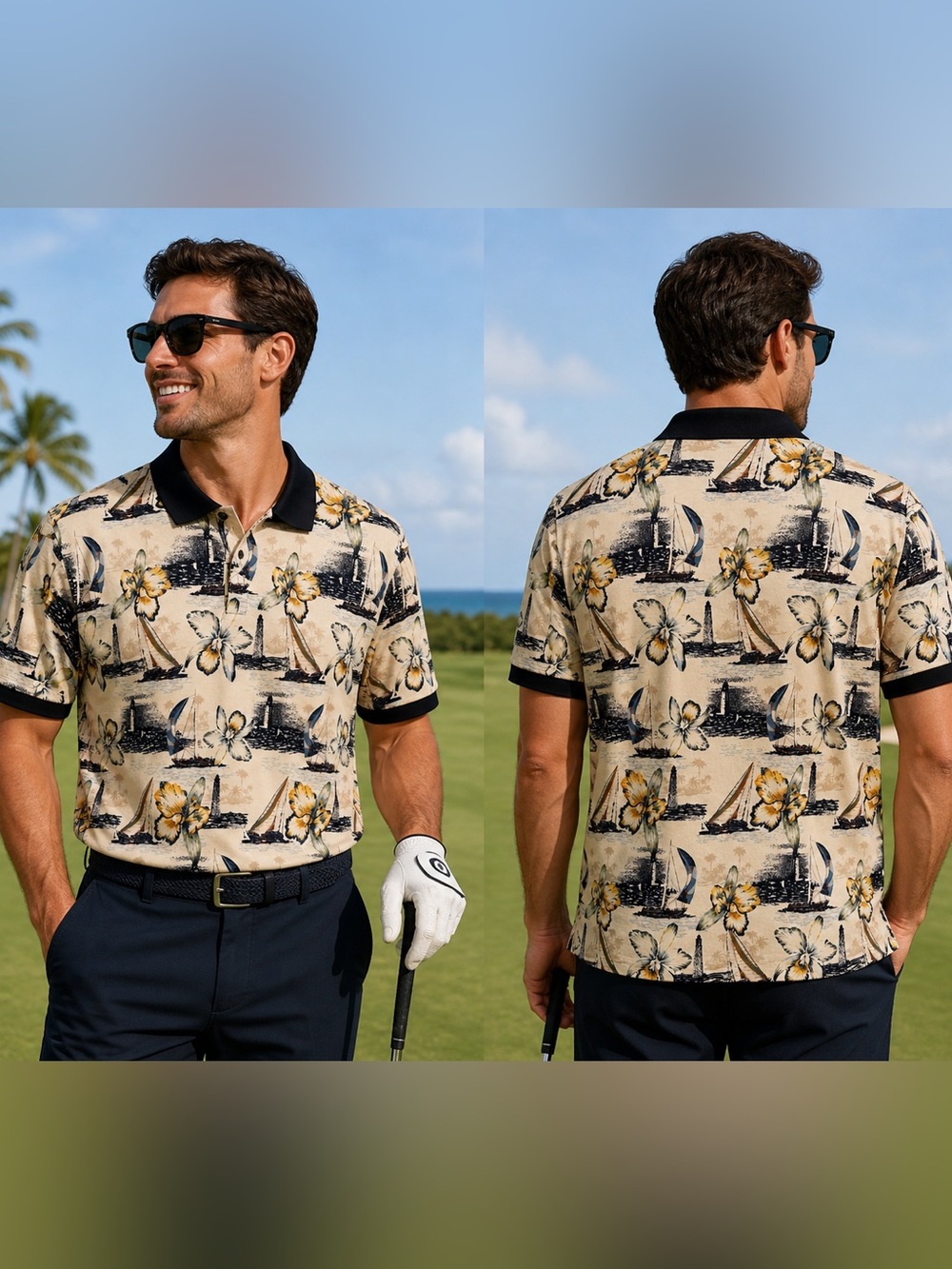 Men’s Consensus Tropical Polo Shirt Sailboat Floral Golf Casual Size L NWT